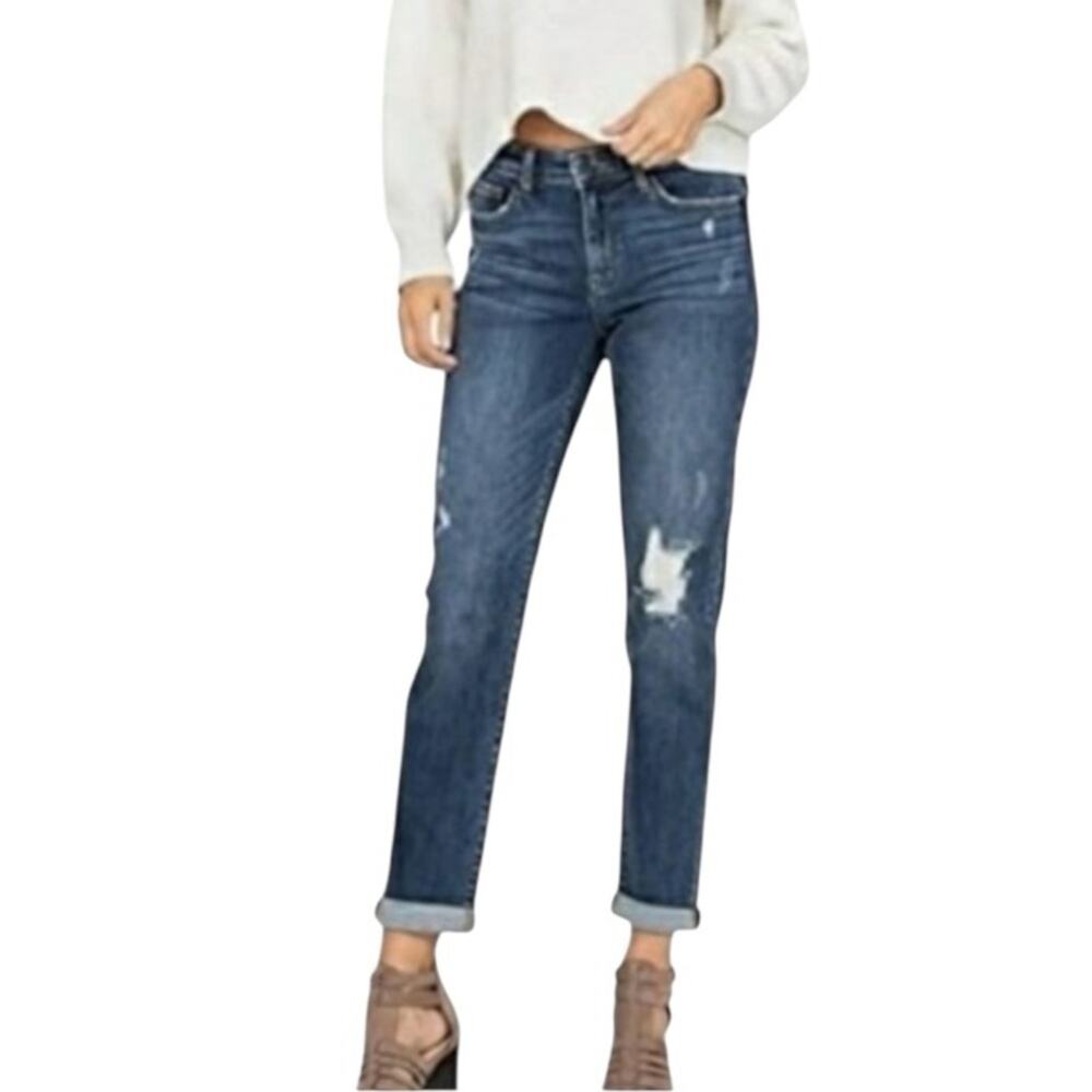 Judy Blue Boyfriend Slim Jeans 3/26 Mid Rise Dark Wash Distressed Stretch Denim